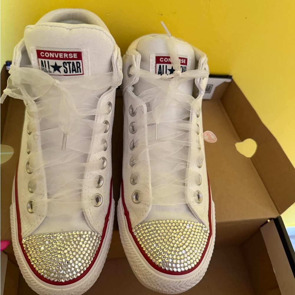 Converse White High-Tops with Rhinestone Toes